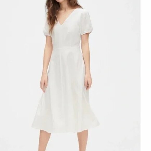 (Tall) NWT Gap White V-Neck Linen Puff-Sleeved Midi Dress - Picture 1 of 15